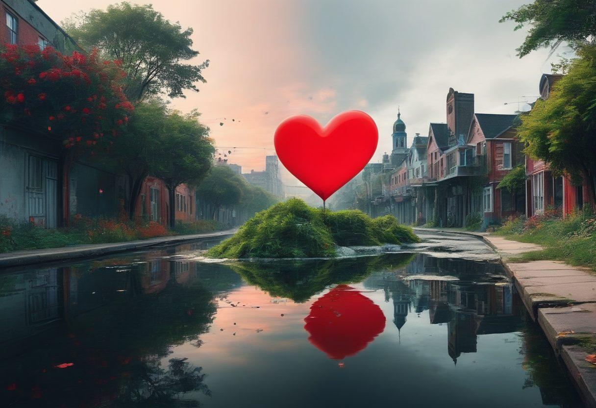 A visually striking contrast between a fantasy world and a stark reality, showcasing a split scene: one side depicting vibrant, idyllic romantic imagery filled with whimsical elements like floating hearts and dreamlike landscapes, while the other side reveals a grayscale, gritty reality filled with digital screens, adult content, and individuals looking disconnected. Emphasize the juxtaposition of intimacy vs. isolation. surreal art. bold colors. dynamic composition.