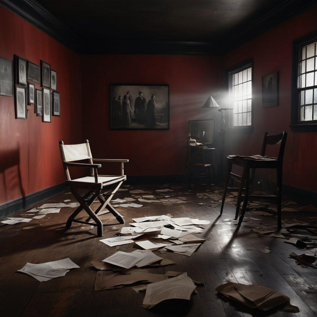 A shadowy film set depicting a dimly lit studio with an overturned director's chair, featuring a broken camera and script pages scattered on the floor. In the background, ghostly figures of actors are caught in a moment of hesitation, symbolizing coercion and conflict. Artistic shadows play across the walls, creating an eerie atmosphere. The color palette consists of deep reds and blacks, signifying danger and allure. surrealistic. dark hues. moody lighting.