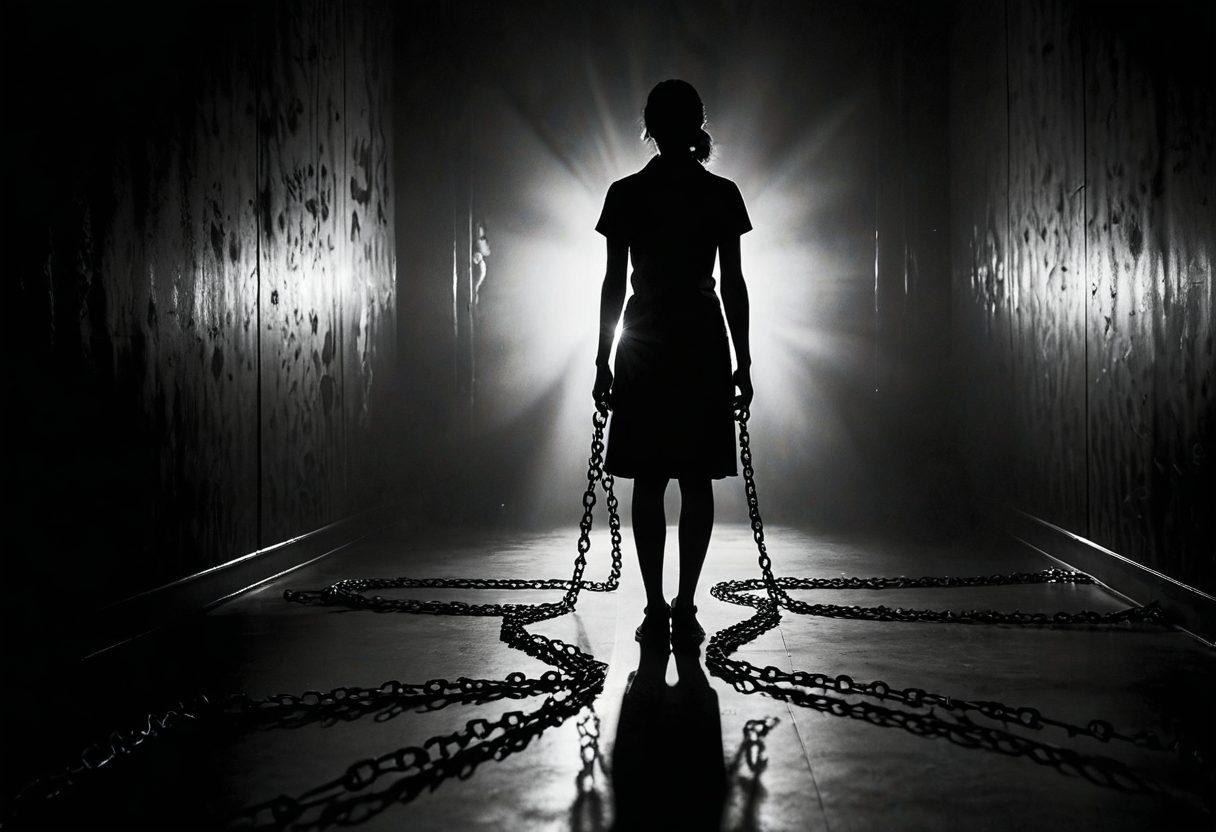 A dramatic scene depicting the contrasting worlds of adult entertainment, with shadowy figures symbolizing exploitation in the background, and a bright spotlight illuminating a lone figure representing the fight for consent and awareness. Include broken chains to symbolize liberation, and haunting expressions to reflect the disturbing truth behind the industry. Mysterious, moody, and thought-provoking atmosphere. dark tones. high contrast lighting. surreal art.